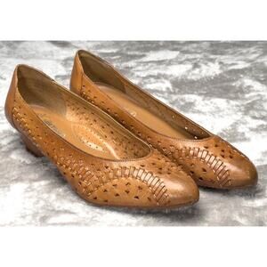 Leather Collection Vintage Tan Brown Woven Slip on Wedge Heels Womens Size 9.5